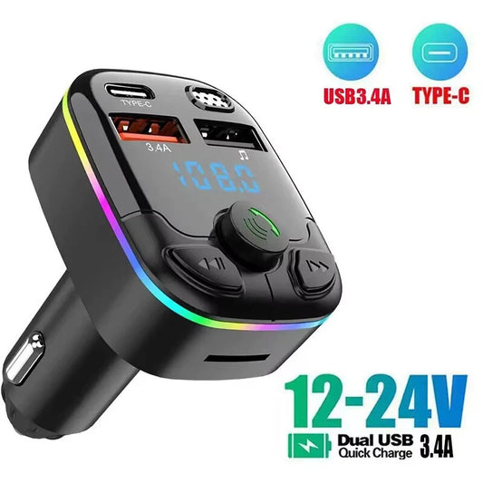 Car Charger Bluetooth 5.0 FM Transmitter PD Type-C Dual USB Ambient Player MP3 Charger Type-C Wireless Light Handsfree - Black