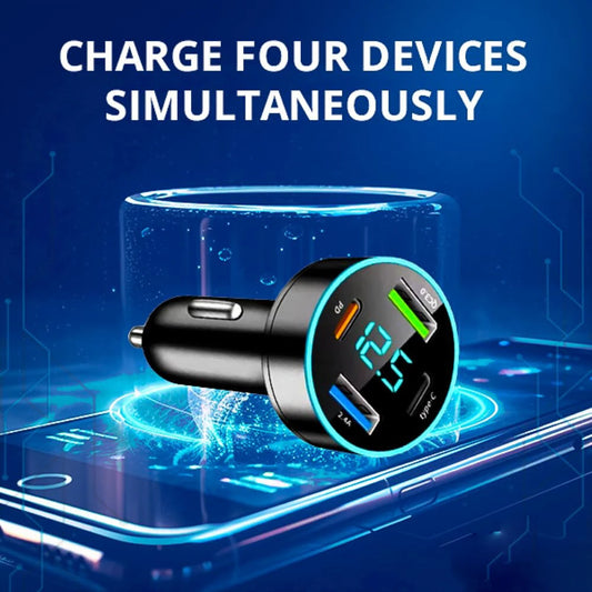 66W Fast Charge Car Charger 4 USB PD20W Type-C QC3.0 Display Car Charger USB Charger 4 Port Car Charger Adapter Voltage Meter Compatible with Samsung/iPhone Android iOS Devices - Black