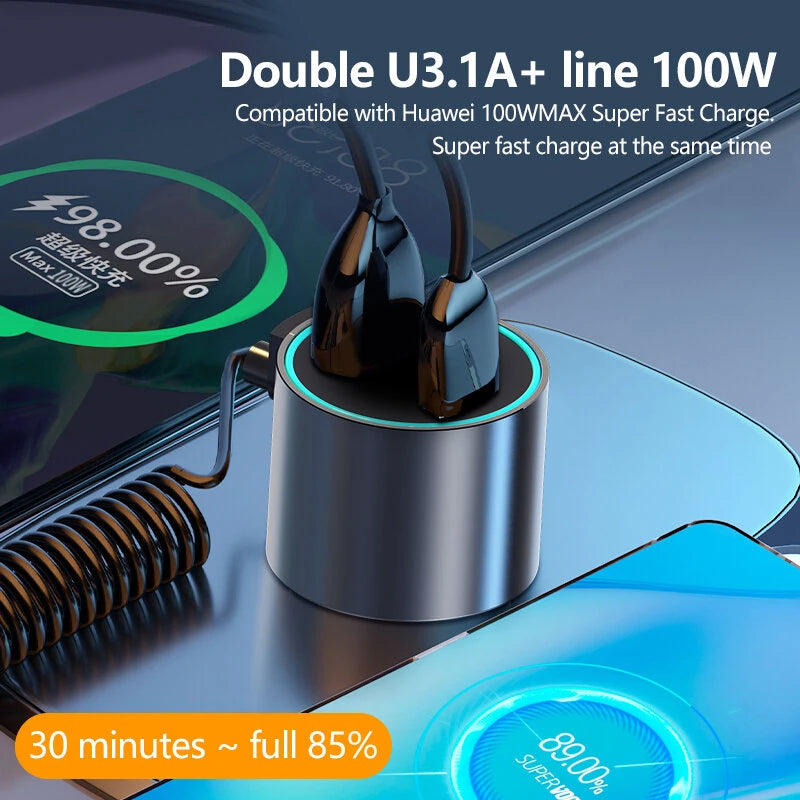 100W Car Charger Dual USB Super Fast Quik Charging Car Lighter One To Three With Wire Metal