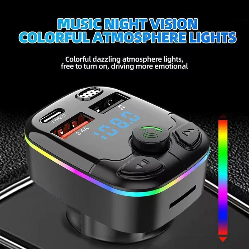 Car Charger Bluetooth 5.0 FM Transmitter PD Type-C Dual USB Ambient Player MP3 Charger Type-C Wireless Light Handsfree - Black