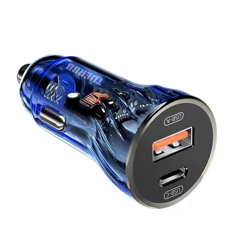 TUERBB CC01 Car Charger Fast Charging PD 30W QC4.0 USB with Blue LED Breathing Lights for iPhone 14 13 Pro Max - Blue 1PC