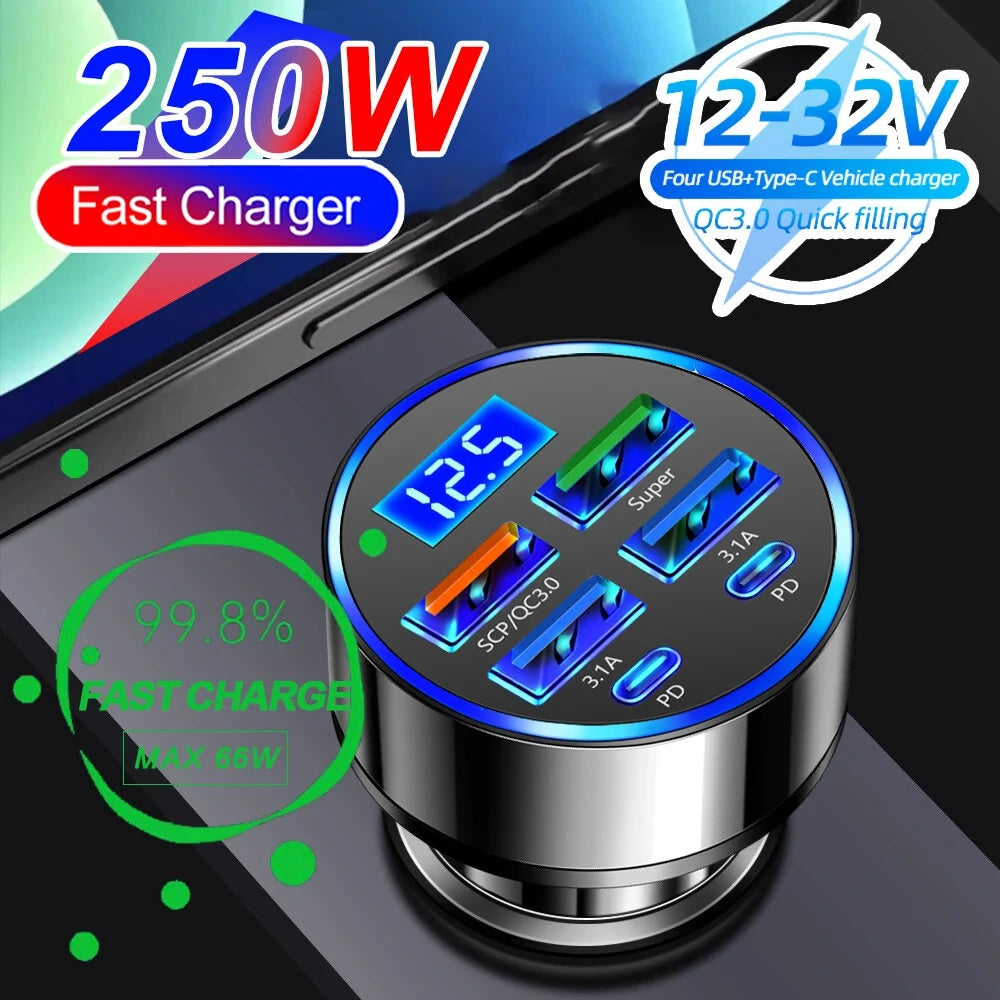 250W PD Car Charger QC3.0 Fast Charge with Digital Display Plug Car Charger Socket Flash Charge Digital Display Car Charger - A