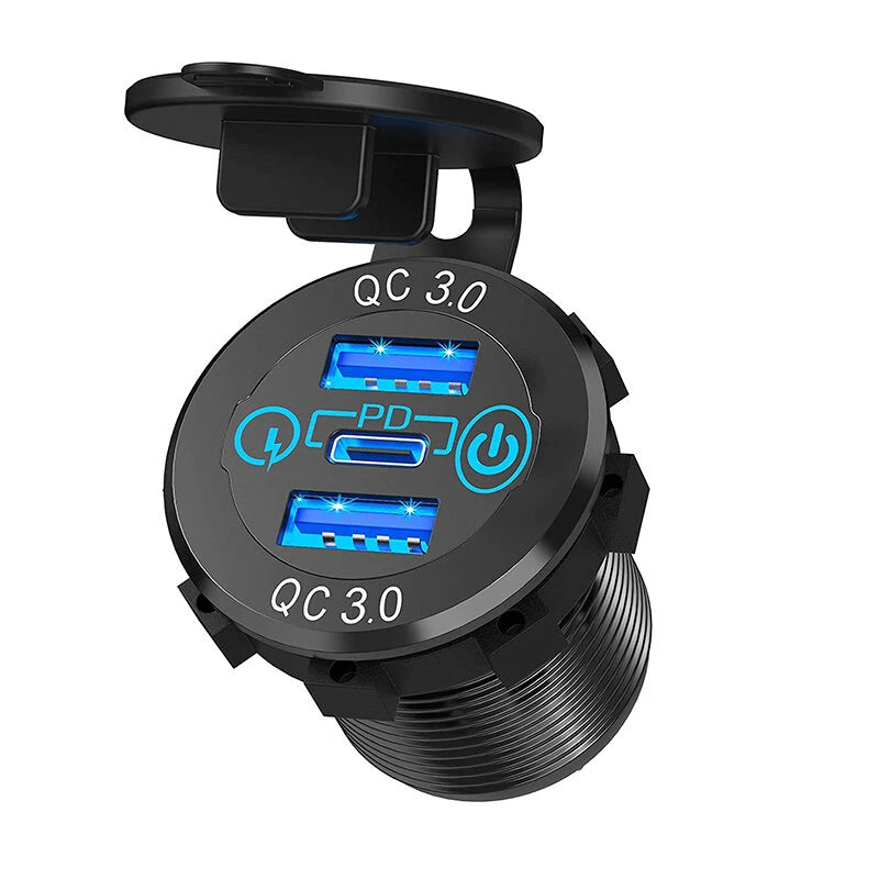 12V-24V 60W Triple USB Car Charger Socket PD3.0 & Dual QC3.0 with Touch Switch Fast Charge Adapter Bus Trailer Boats - Green light