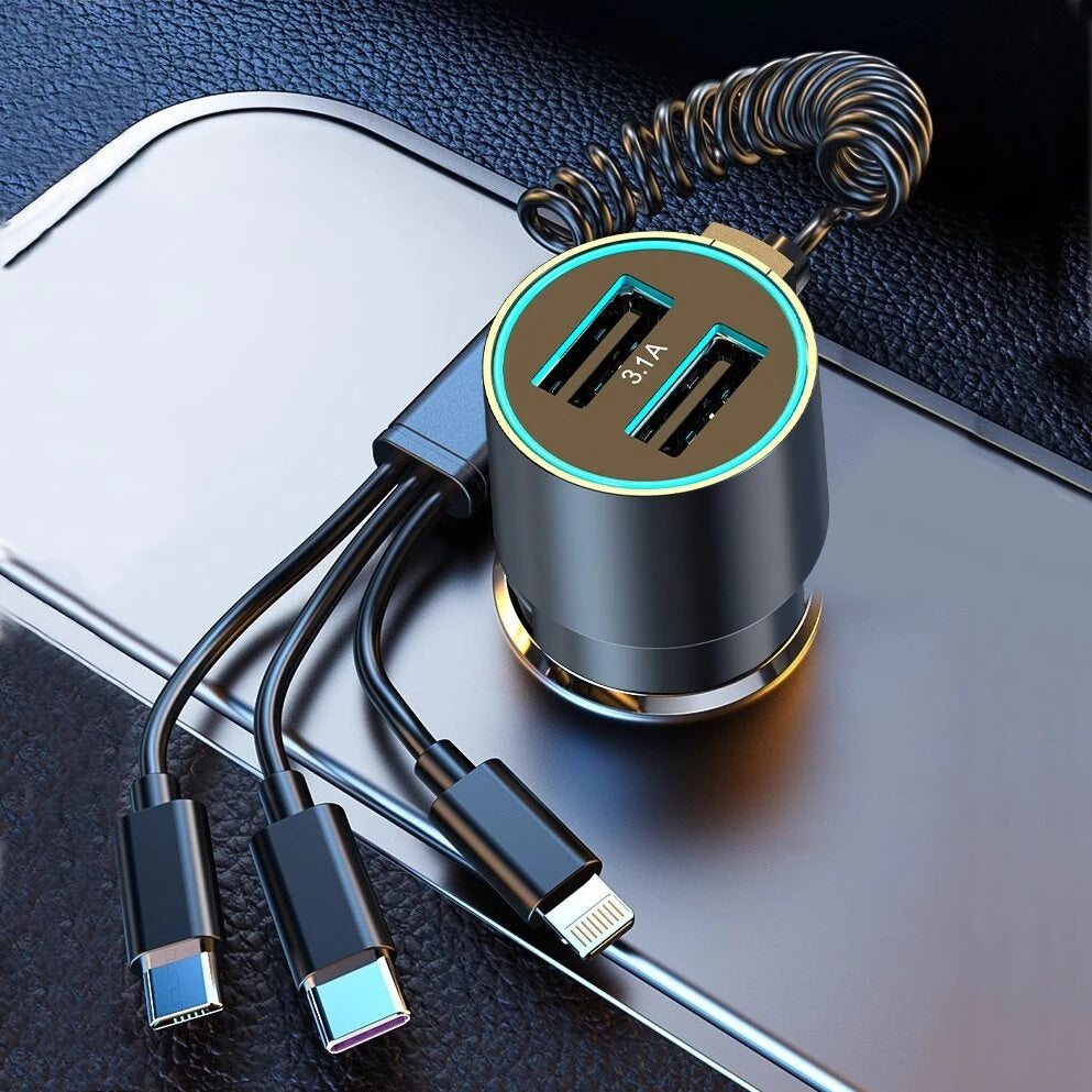 100W Car Charger Dual USB Super Fast Quik Charging Car Lighter One To Three With Wire Metal