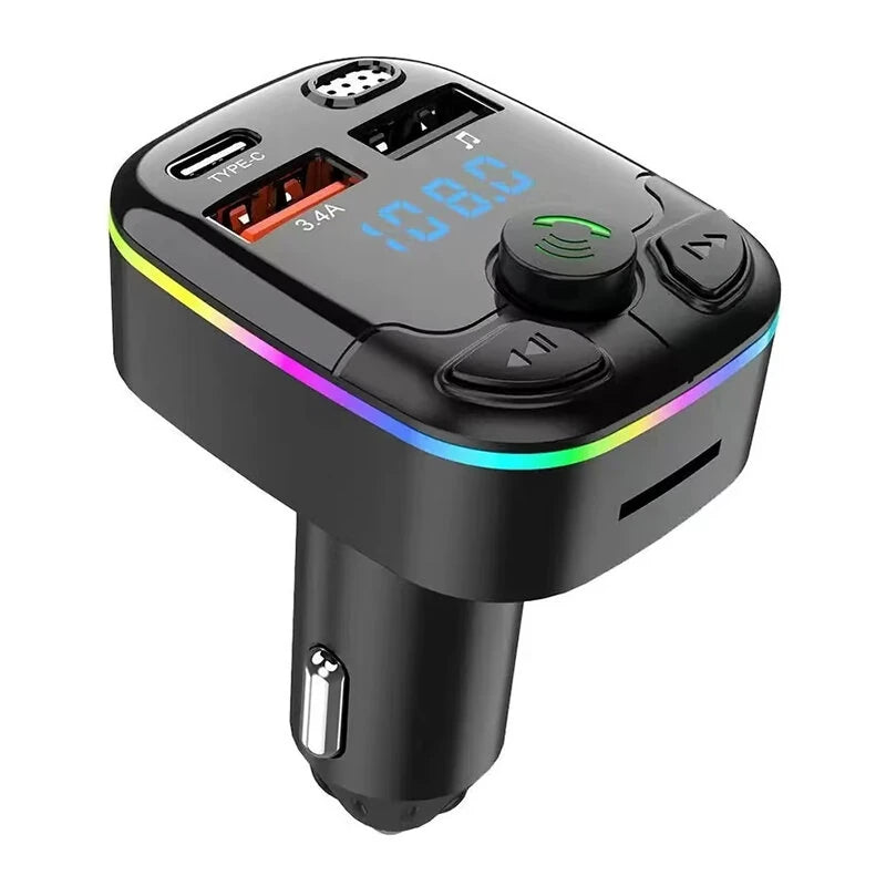 Car Charger Bluetooth 5.0 FM Transmitter PD Type-C Dual USB Ambient Player MP3 Charger Type-C Wireless Light Handsfree - Black