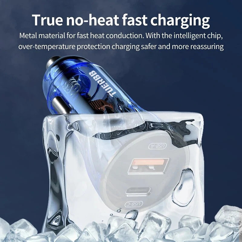 TUERBB CC01 Car Charger Fast Charging PD 30W QC4.0 USB with Blue LED Breathing Lights for iPhone 14 13 Pro Max - Blue 1PC