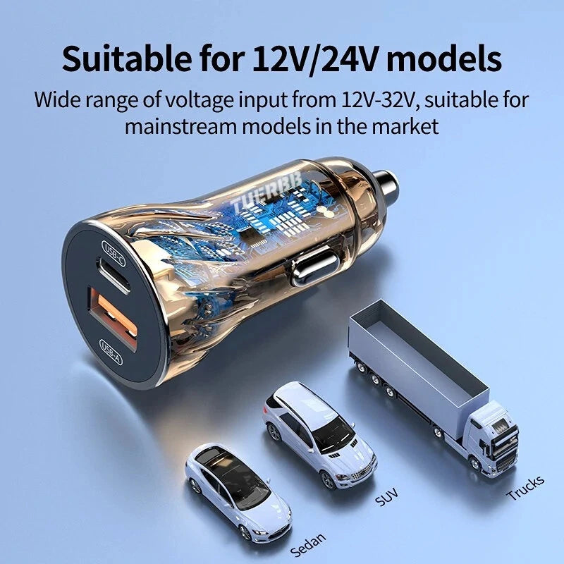 TUERBB CC01 Car Charger Fast Charging PD 30W QC4.0 USB with Blue LED Breathing Lights for iPhone 14 13 Pro Max - Blue 1PC