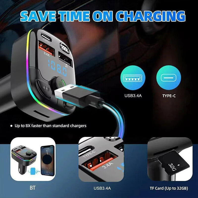 Car Charger Bluetooth 5.0 FM Transmitter PD Type-C Dual USB Ambient Player MP3 Charger Type-C Wireless Light Handsfree - Black