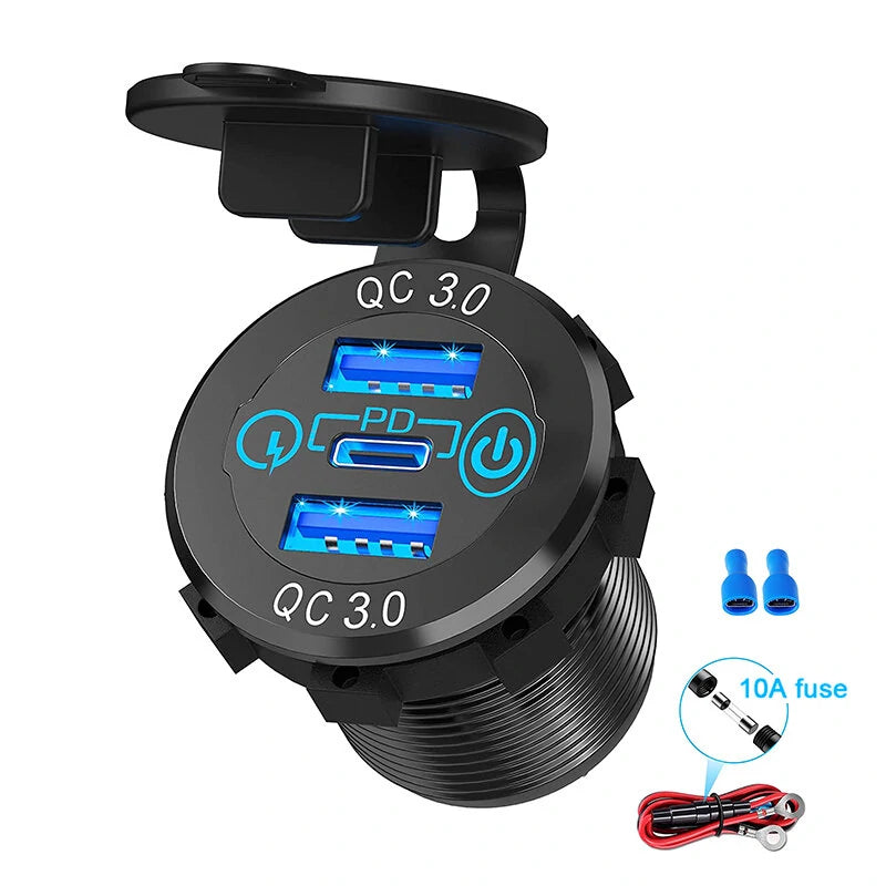 12V-24V 60W Triple USB Car Charger Socket PD3.0 & Dual QC3.0 with Touch Switch Fast Charge Adapter Bus Trailer Boats - Green light