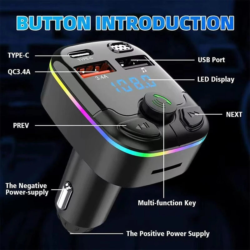 Car Charger Bluetooth 5.0 FM Transmitter PD Type-C Dual USB Ambient Player MP3 Charger Type-C Wireless Light Handsfree - Black