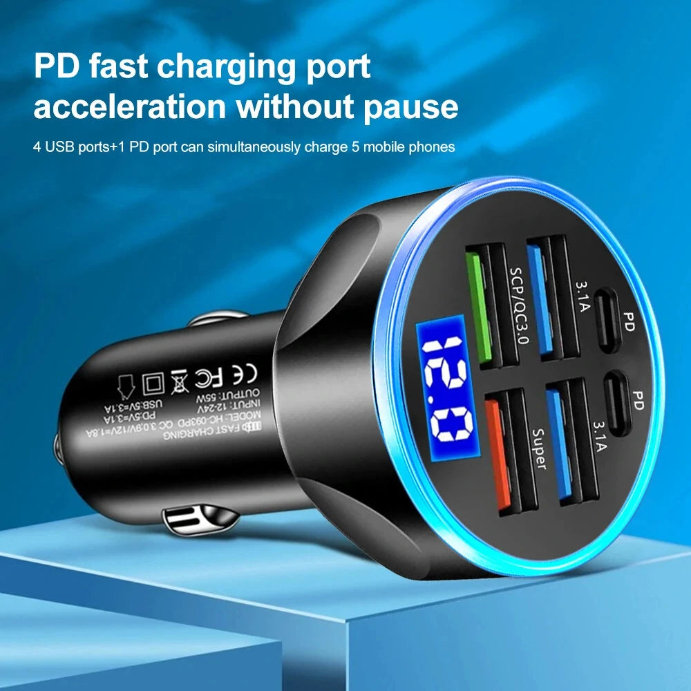 250W PD Car Charger QC3.0 Fast Charge with Digital Display Plug Car Charger Socket Flash Charge Digital Display Car Charger - A