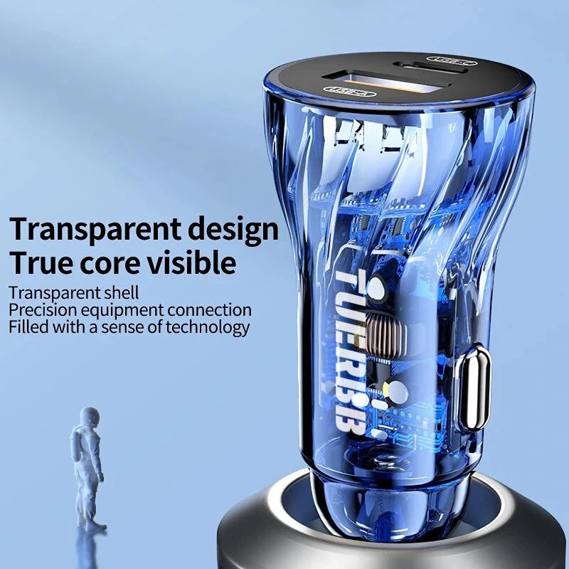 TUERBB CC01 Car Charger Fast Charging PD 30W QC4.0 USB with Blue LED Breathing Lights for iPhone 14 13 Pro Max - Blue 1PC