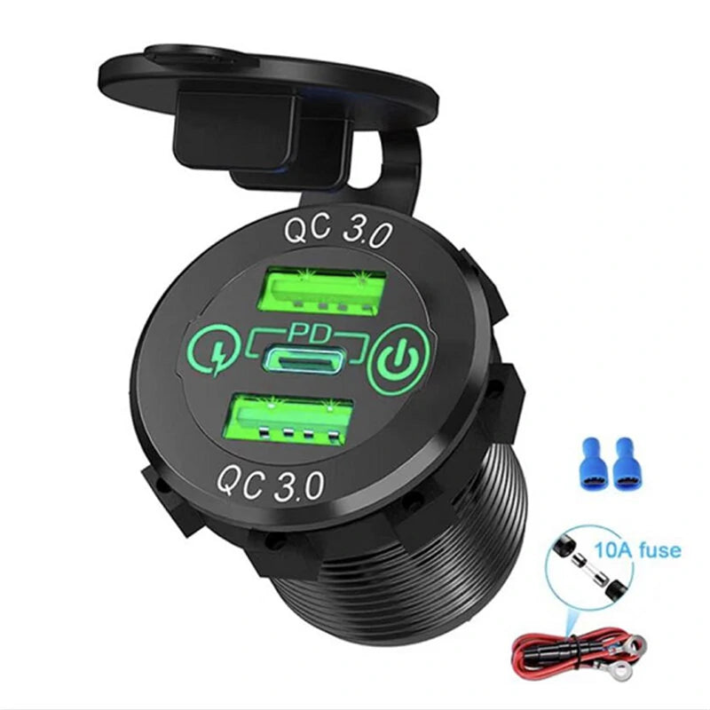12V-24V 60W Triple USB Car Charger Socket PD3.0 & Dual QC3.0 with Touch Switch Fast Charge Adapter Bus Trailer Boats - Green light