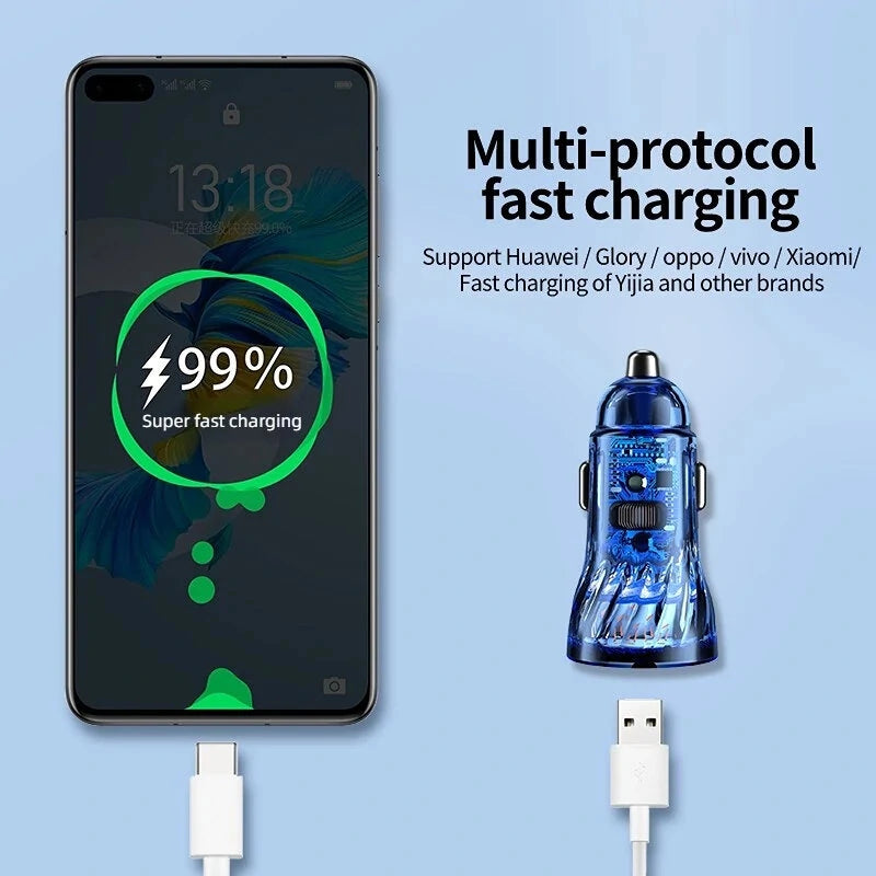 TUERBB CC01 Car Charger Fast Charging PD 30W QC4.0 USB with Blue LED Breathing Lights for iPhone 14 13 Pro Max - Blue 1PC