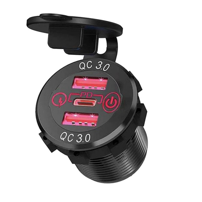 12V-24V 60W Triple USB Car Charger Socket PD3.0 & Dual QC3.0 with Touch Switch Fast Charge Adapter Bus Trailer Boats - Green light